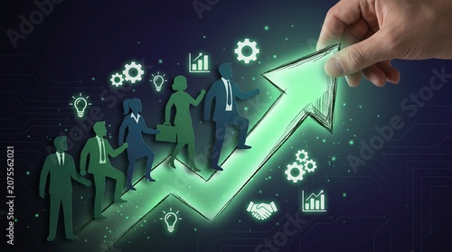 Professional business people standing on a glowing green upward arrow representing teamwork, leadership, digital transformation, financial growth, corporate success, innovation, strategic business pla
