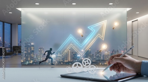 GenerateA futuristic business growth concept featuring a glowing blue upward arrow inside a modern corporate office. Symbolizing financial success, revenue increase, innovation, strategic plannd Image