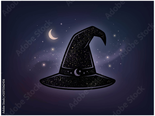 Witch hat silhouette with starry galaxy texture and crescent moon background.