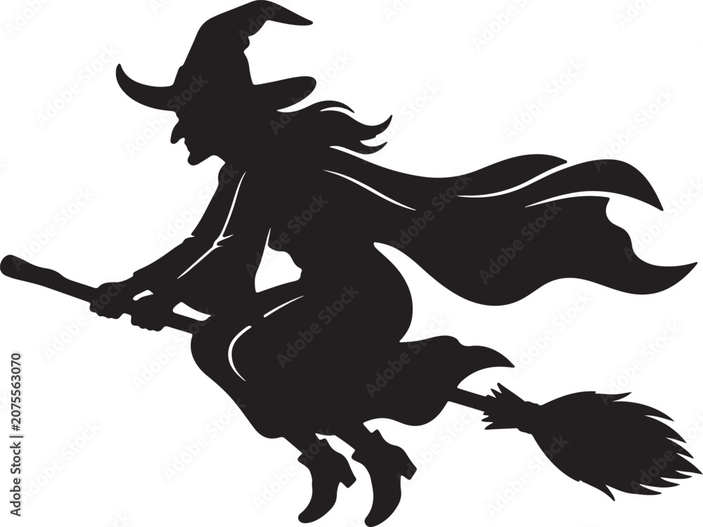 Fototapeta premium Black silhouette of witch flying on broomstick isolated.