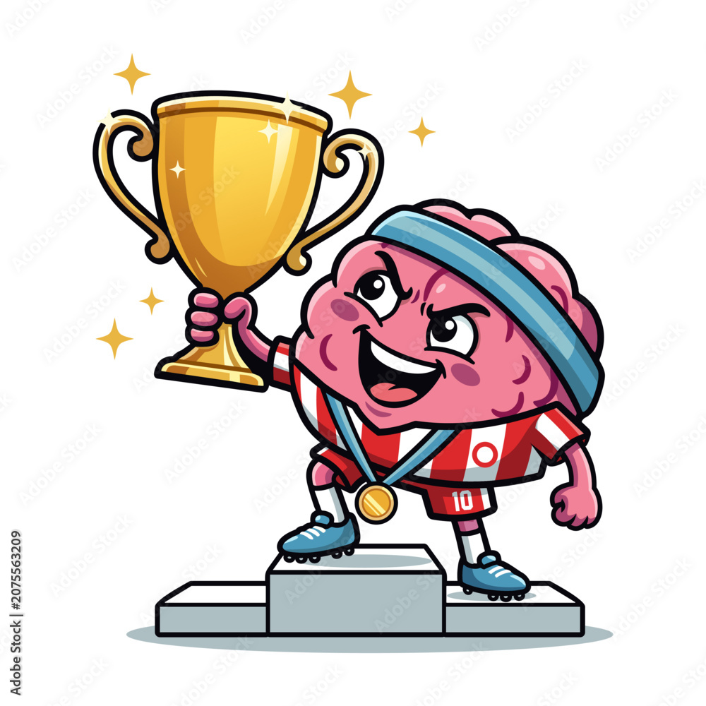 Obraz premium Cute brain mascot wearing a football uniform, standing on a winner podium while holding a golden trophy. Funny cartoon vector illustration symbolizing victory, success, teamwork, and achievement.