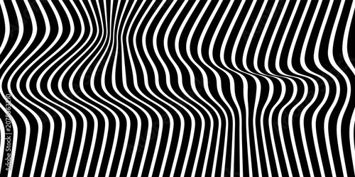 Black and white abstract background. Waves shape decoration. Optical illusion stripes style. Modern graphic design element with distorted lines concept for web, poster, flyer, card cover, or brochure