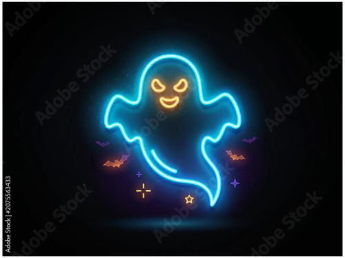 Cute neon ghost with glowing eyes and bats on dark background for Halloween celebration.