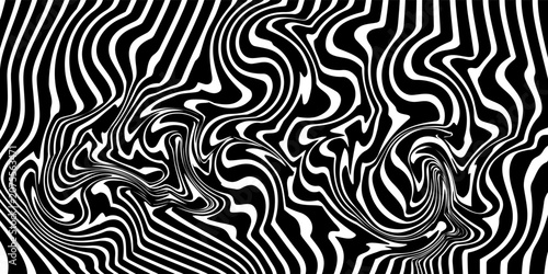 Black and white abstract background. Waves shape decoration. Optical illusion stripes style. Modern graphic design element with distorted lines concept for web, poster, flyer, card cover, or brochure