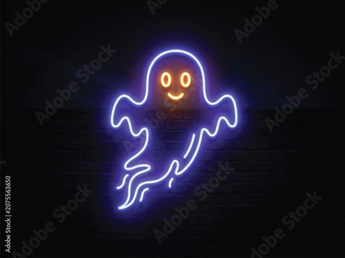 Fotografie Neon ghost with yellow eyes on dark brick wall for halloween party