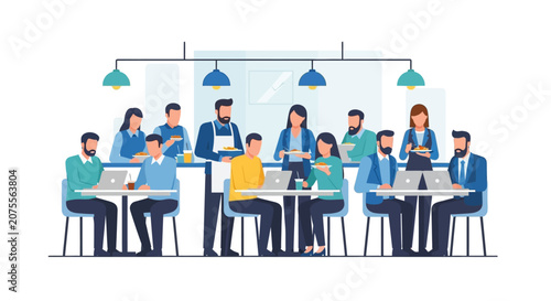 Business People Working and Dining in Modern Office Cafeteria and Coworking Space Flat Illustration