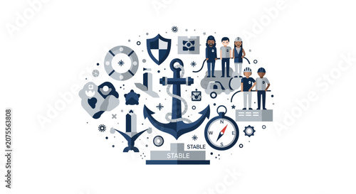 Maritime Stability and Security Concept with Industrial Workers, Anchor, and Compass Illustration