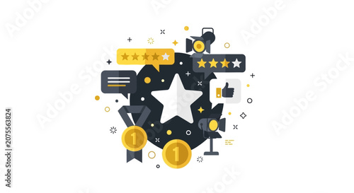 Customer Feedback and Business Success Concept Illustration with Five Star Ratings, Medals, and Achievement Icons
