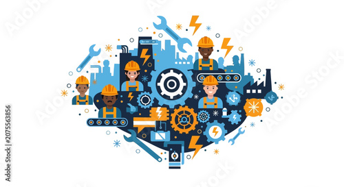 Modern Industrial Manufacturing Concept with Diverse Workforce, Factory Workers, Gears, and Maintenance Tools Illustration