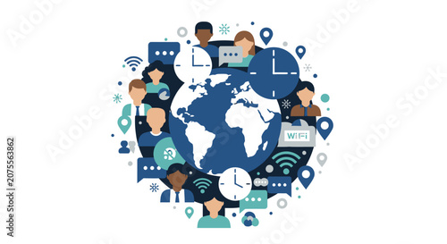 Global Business Networking Concept Illustration with Diverse Team, World Map, Clocks, and Communication Icons for Remote Collaboration