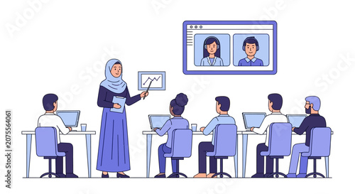 Diverse Corporate Training Session with Muslim Woman Presenting to Hybrid Team and Remote Participants