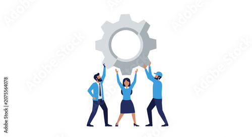 Teamwork and Collaboration Concept with Diverse Business People Lifting Large Gear - Flat Vector Illustration