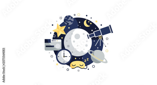 Flat Vector Astronomy and Sleep Concept Illustration Featuring Moon, Planets, Telescope, and Bedtime Elements