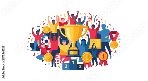 Diverse Team Celebrating Championship Victory with Gold Trophy, Medals, and Podium Flat Vector Illustration