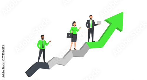 Diverse Business Professionals Standing on a Rising Green Arrow Chart Symbolizing Growth, Success, and Financial Progress on a White Background