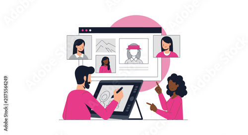 Creative Designers Working on UX/UI Web Interface with User Profiles and Graphic Tablet, Flat Vector Illustration for Digital Agency and Technology Concepts