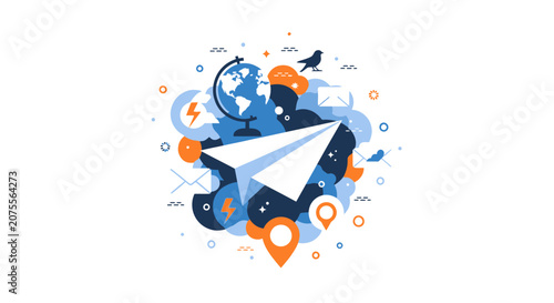Global Communication and Travel Concept Illustration with Paper Airplane, Globe, Envelope, and Location Icons for Messaging and Connectivity