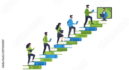 Concept of Online Education and Career Growth with Diverse People Climbing Stairs Made of Books Towards a Digital Learning Screen