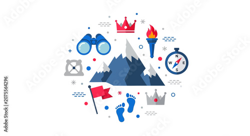 Business Achievement and Leadership Success Concept with Mountain Peak and Strategy Icons Flat Illustration
