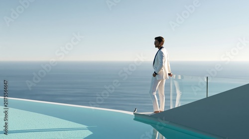 Luxury resort advertising featuring elegant male model by infinity pool overlooking the ocean, minimalist hospitality campaign with premium copy space, refined summer travel and lifestyle concept