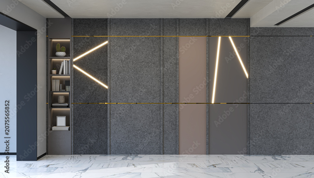 Fototapeta premium Minimalist interior room featuring a dark grey stone backdrop wall decorated with glowing LED light strips, gold steel lines, built-in display shelves, and white marble floor.