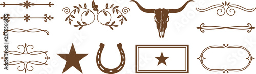 Western style vintage decorative borders dividers frames and symbols collection for rustic graphic design with horseshoe ornament decorative collection