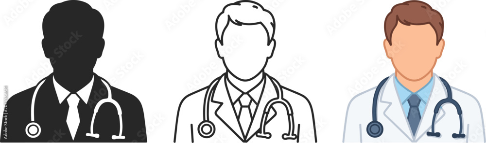 Fototapeta premium Set of three doctor character avatars including silhouette line art colored flat icon with stethoscope physician stethoscope healthcare medicine