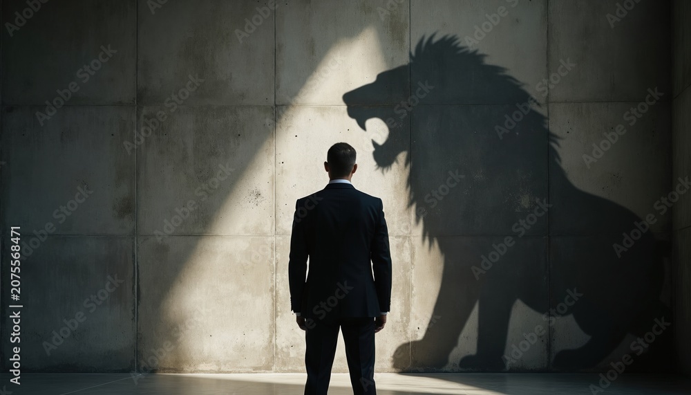 Obraz premium Man in suit faces lion shadow on concrete wall. Represents inner strength courage ambition. Shows potential power and leadership qualities. A bold professional confronts his wild side.