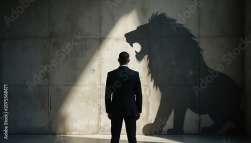Man in suit faces lion shadow on concrete wall. Represents inner strength courage ambition. Shows potential power and leadership qualities. A bold professional confronts his wild side.