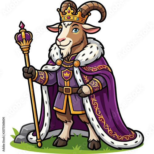 A regal goat king wearing a crown holds a scepter standing on grass.