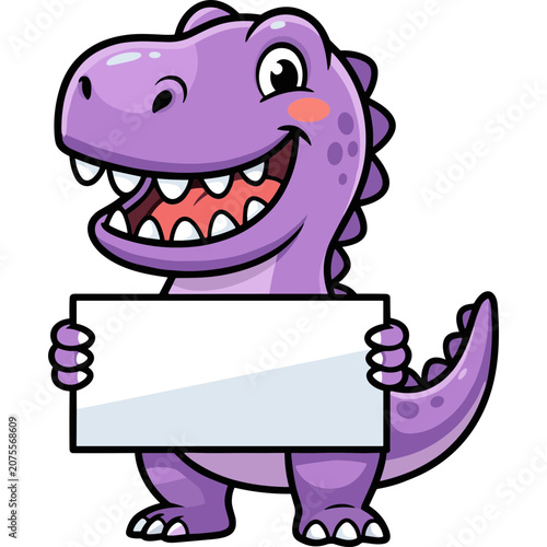 A smiling purple dinosaur holds a blank sign in a playful illustration.