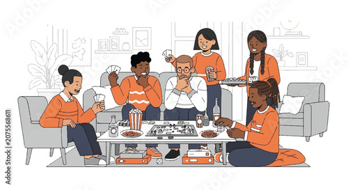 Diverse group of friends and family gathered around a table enjoying a social game night.