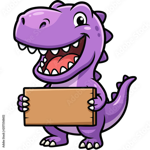 A cheerful purple cartoon dinosaur holds a brown sign outdoors