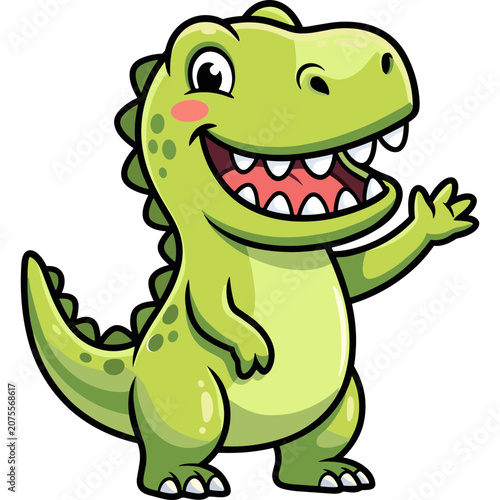 A cheerful cartoon dinosaur waves enthusiastically in a lively illustration.