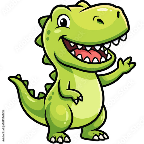 A cartoon dinosaur happily waves its hand in a playful outdoor setting.