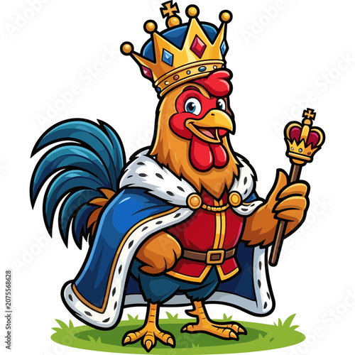 A cartoon rooster wearing a crown and cape stands proudly on green grass