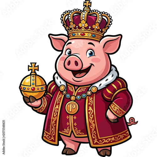 A smiling cartoon pig wearing a crown holds a royal orb.
