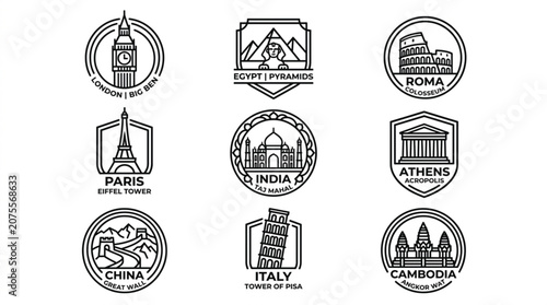 Minimal travel badge vector set with modern linear world landmark architecture emblems