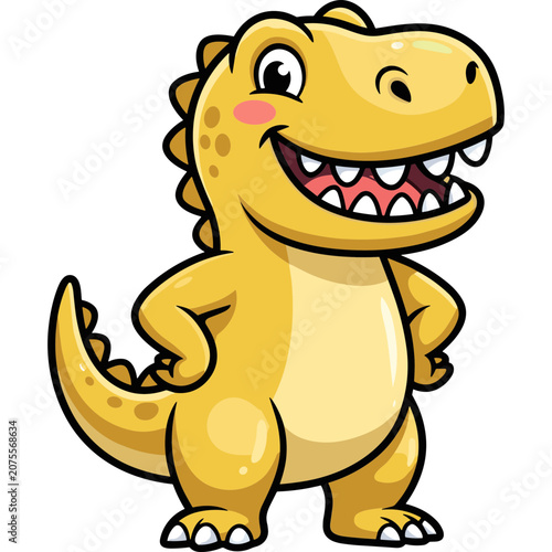 A cheerful cartoon dinosaur stands confidently with a big smile.