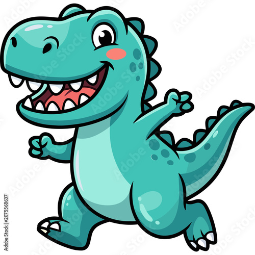 A cheerful cartoon dinosaur runs playfully outdoors in a sunny environment.