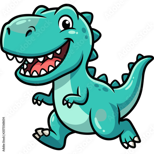 A happy cartoon dinosaur runs forward with a big smile on its face