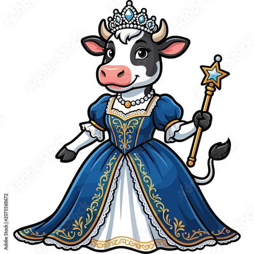 A cartoon cow wearing a blue dress and tiara holds a magic wand.