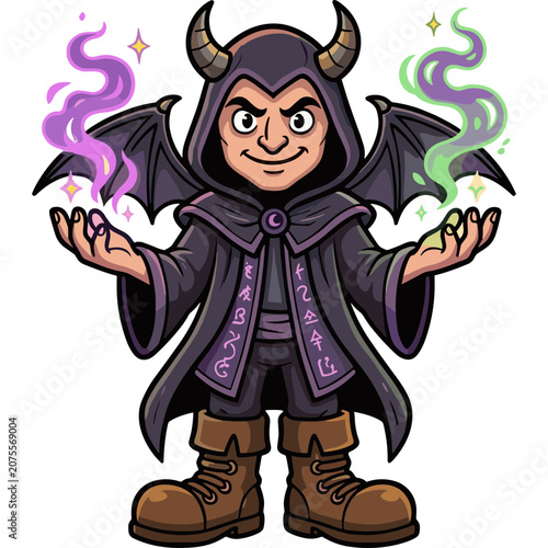 A cartoon character dressed as a wizard with horns and wings performs magic.