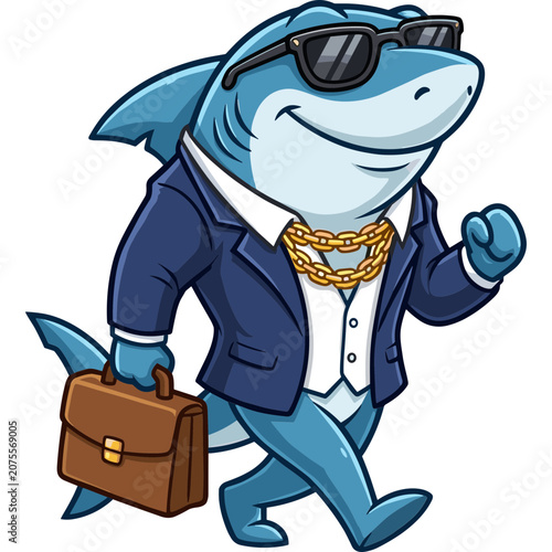 A smiling cartoon shark wearing sunglasses walks with a briefcase.