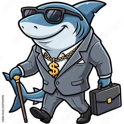 Cartoon shark businessman wearing sunglasses walks with briefcase and cane smiling