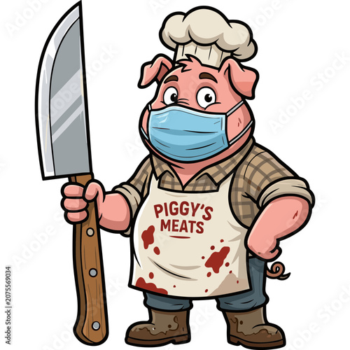 Cartoon pig butcher wearing a mask holds a large knife