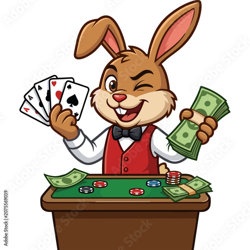 A cartoon rabbit playing poker with cards and money at a table