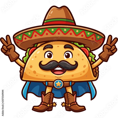 A cartoon taco character wearing a sombrero and cowboy boots makes peace signs in a fun illustration.
