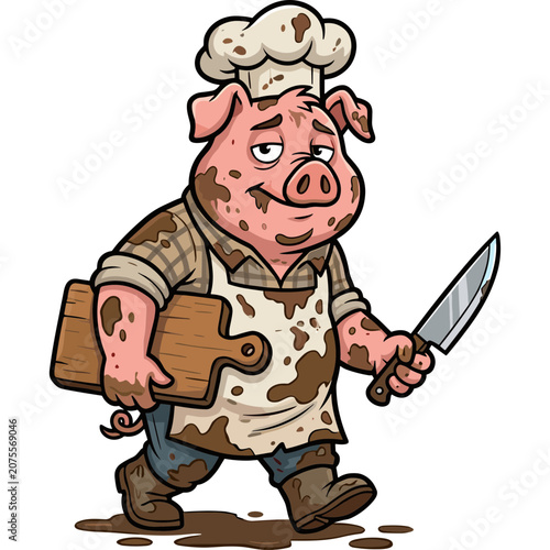 A cartoon pig chef walking with a knife and cutting board in kitchen