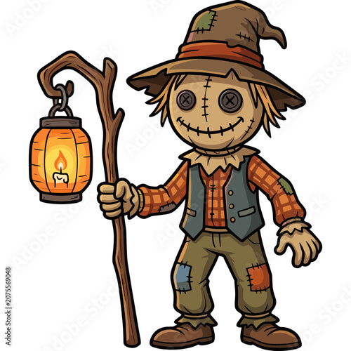 A smiling scarecrow holds a lantern and stick in a field at night.